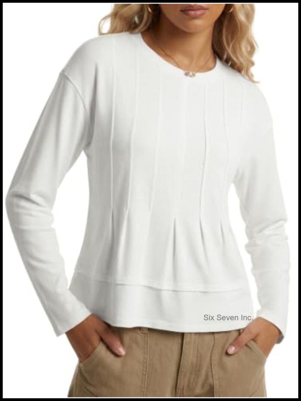 Women's Crew Neck Long Sleeve Casual Blouse Pleated Peplum Top